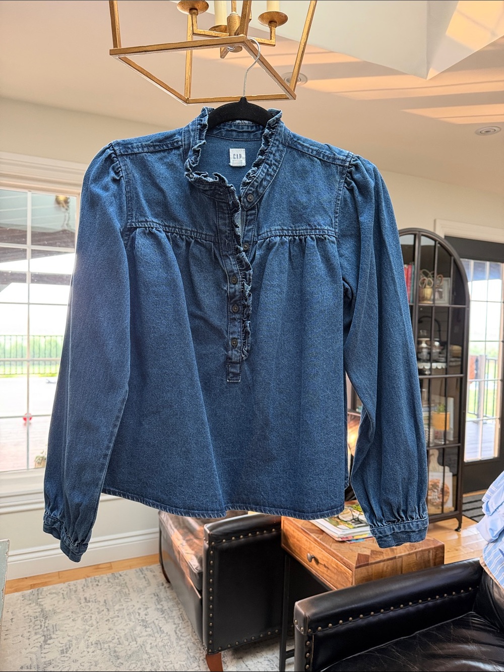 GAP Dark Denim Ruffle-Trim Button Popover Blouse